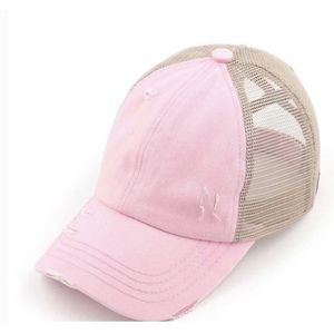 New Pony Tail Criss Cross Distressed Cap-Pink